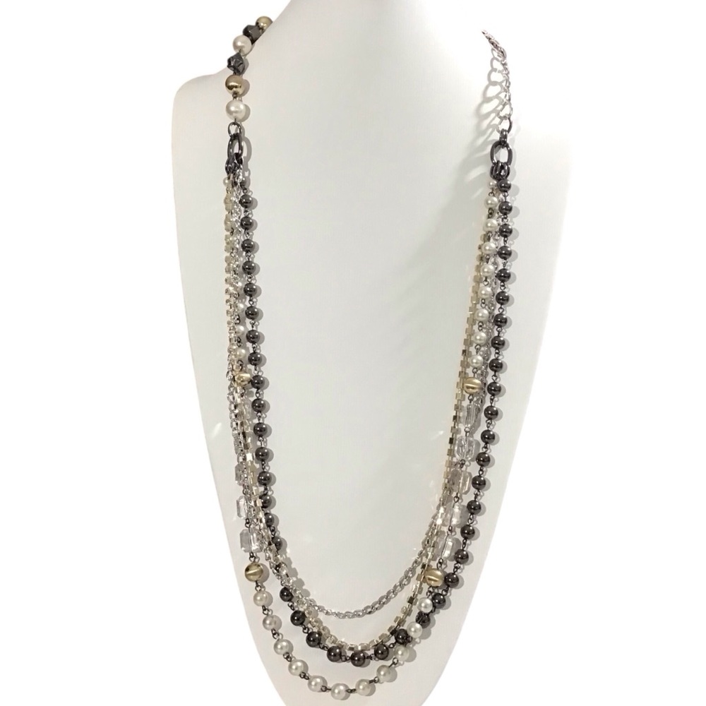 NY Layered Necklace Beaded Silver Gold Tone Clear Pearl Fashion Jewelry